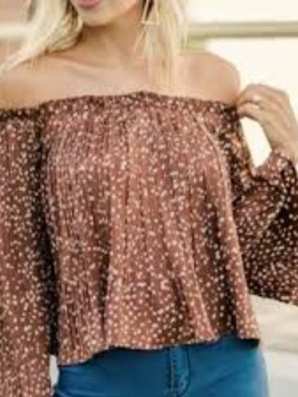 She + Sky Brown Polka Dot Pleated Peasant Blouse